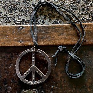 SOLD Free People Leather Ornament Studded Crystal Peace Sign Festival Necklace